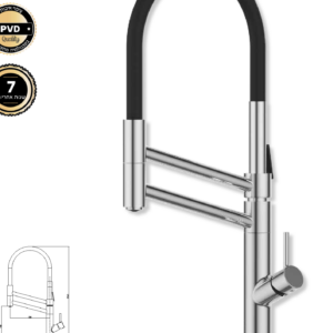 ברז מטבח גבוה נשלף שתי מצבי זרימת מים שונים – פיה גדולה ומסתובבת